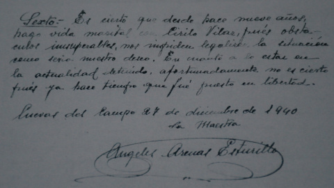 Escrito donde Ángeles Arenas confirma su relación con Cirilo durante más de nueve años en diciembre de 1940. / relatoras producciones