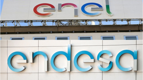 Los logos de la energética italiana semipública Enel y de su filial española Endesa, en sus respectivas sedes en Milán y en Madrid. REUTERS