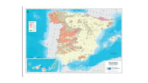 Mapa de potencial de gas radón en España del CSN.