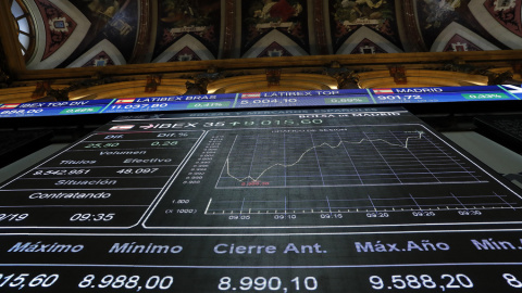 Panel informativo la evolución del Ibex 35 y del resto de indicadores del mercado, en el patrio de negociación de la Bolsa de Madrid. EFE