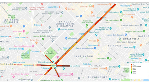 Mapa de l'ocupació dels trams de la Diada de l'11-S del 2019.