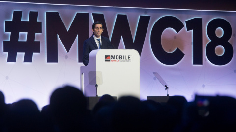 El presidente de Telefónica, José María Álvarez-Pallete, durante la conferencia inaugural del Congreso Mundial de Móviles (MWC en su siglas en inglés), en Barcelona. EFE/Alberto Estévez