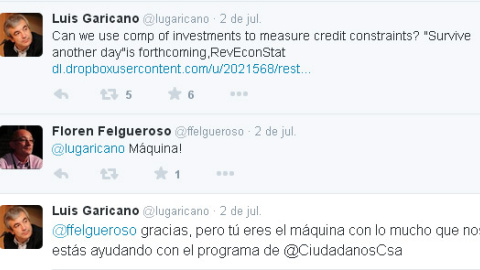 Algunos de los tuits que Luis Garicano y Florentino Felgueroso se han intercambiado a través de Twitter / Archivo