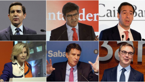 De izq. a der. y de arriba a abajo, los consejeros delegados de los seis grandes bancos españoles: CarlosTorres (BBVA), José Antonio Álvarez (Santander),  Gonzalo Gortázar (CaixaBank), María Dolores Dancausa (Bankinter), Jaime Guardiola (Sa