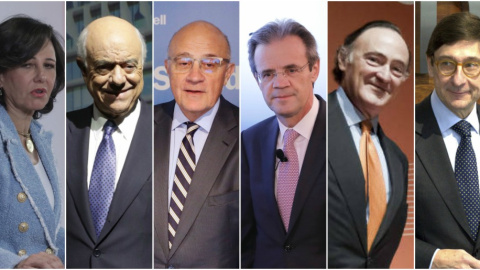 Los presidentes de los seis mayores bancos: Ana P. Botín (Santander), Francisco González (BBVA), Josep Oliú (Sabadell), Jordi Gual (Caixabank), Pedro Guerrero (Bankinter), y José Ignacio Goirigolzarri (Bankia). EFE/REUTERS