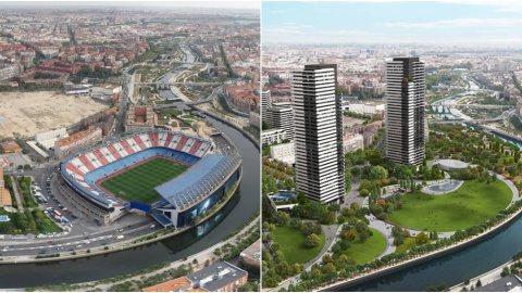 Vista del Estadio Vicente Calderón, y una simulación del proyecto Mahou-Calderón.