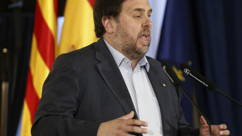 Oriol Junqueras durante su intervención en el desayuno informativo de la tribuna Fórum Europa. EFE