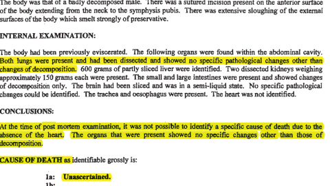 Fragmento de la autopsia británica donde se dio a conocer que su cadáver carecia de corazón y parte del hígado