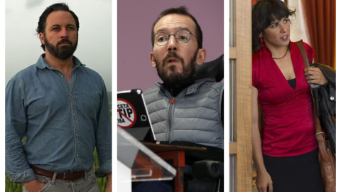 El líder de Vox, Santiago Abascal (izquierda); el secretario de organización de Podemos, Pablo Echenique, y la secretaria general de Podemos en Andalucía, Teresa RodrÍguez.- EFE