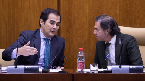 El consejero de Justicia, Administración Local y Función Pública, José Antonio Nieto, junto al presidente de la comisión, el diputado Vox, Benito Morillo.