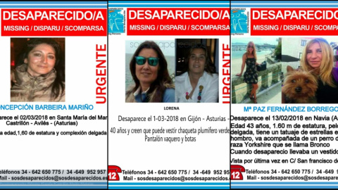 Avisos de desaparición de las tres mujeres asturianas.