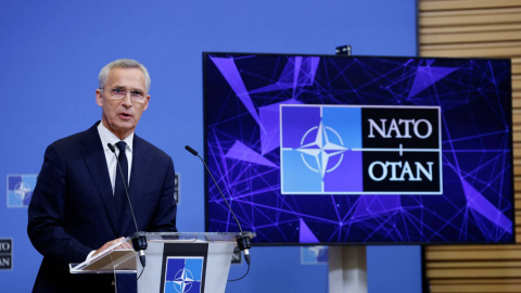 Jens Stoltenberg, secretario general de la OTAN, en la rueda de prensa tras la cumbre con el FMI y el Banco Mundial en Marrakech (Marruecos) este 11 de octubre de 2023.