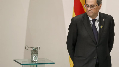 El presidente de la Generalitat, Quim Torra, durante una comparecencia en el Palau. (ANDREU DALMAU | EFE)