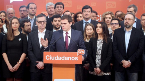 El presidente de Ciudadanos, Albert Rivera, durante la presentación de su equipo para la Ejecutiva del partido de cara al próximo Congreso de la formación. EFE/Víctor Lerena