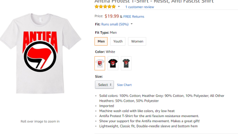 Camiseta antifa a la venta en Amazon.