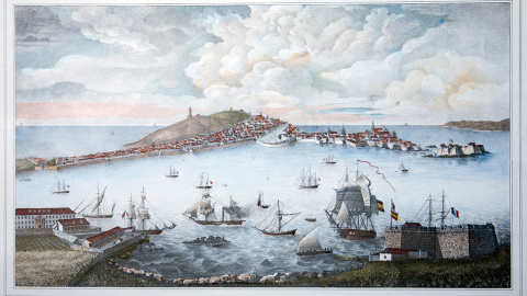 13/1/23 A Coruña de la época de Isabel Zendal (1842). Dibujo de Enrique Louard y litografía de Bernain (Archivo Municipal de A Coruña).