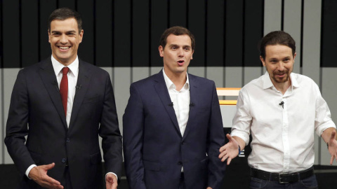 Pedro Sánchez, Albert Rivera y Pablo Iglesias, durante el debate a cuatro en televisión, el pasado 13 de junio. EFE