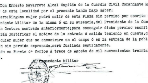 Bando del comandante militar de Fuente de Cantos (Badajoz). Cedido por Pura Sánchez