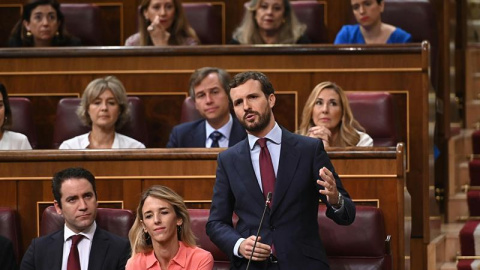 El líder del PP, Pablo Casado, durante su intervención en la segunda y última sesión de control de esta legislatura celebrada este miércoles en el hemiciclo del Congreso. EFE/Fernando Villar