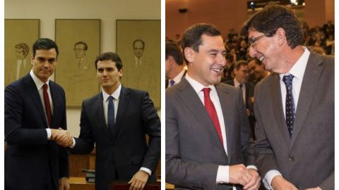 Albert Rivera y Pedro Sánchez, tras firmar el pacto en 2015, y Juan Marín y Juanma Moreno Bonilla, socios de gobierno en Andalucía.