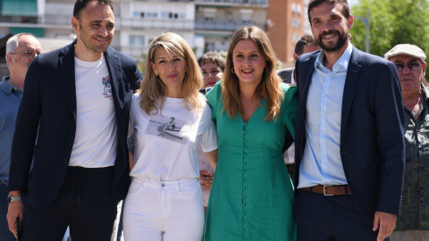 La excandidata a la Asamblea de Madrid Alejandra Jacinto, el excandidato a la Alcaldía Roberto Sotomayor, la vicepresidenta segunda, Yolanda Díaz y el exsecretario general de Podemos Madrid Jesús Santos.