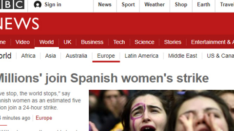 La BBC da cuenta del éxito de la huelga feminista del 8M en España.