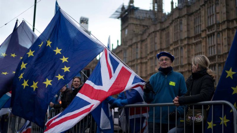 14/01/2019.- Pro y anti "Brexit" se manifiestan junto al Parlamento de Londres, Reino Unido, el 14 de enero del 2019. La primera ministra británica, Theresa May, pidió hoy apoyo a su acuerdo de salida de la Unión Europea (UE) para impedir q