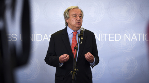 El secretario general de Naciones Unidas, Antonio Guterres, interviene en rueda de prensa, en el X aniversario del Centro de Naciones Unidas de Teconlogía, a 1 de julio de 2021, en Quart de Poblet, Valencia.