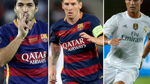 Los jugadores Luis Suárez, Lionel Messi y Cristiano Ronaldo.