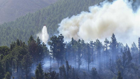 Un helicóptero descarga agua sobre el fuego que comenzó ayer en el municipio palmero de El Paso y que continúa activo hoy lo que ha obligado a evacuar a unas 700 personas como medida preventiva y en cuyas labores de extinción se han incorpo