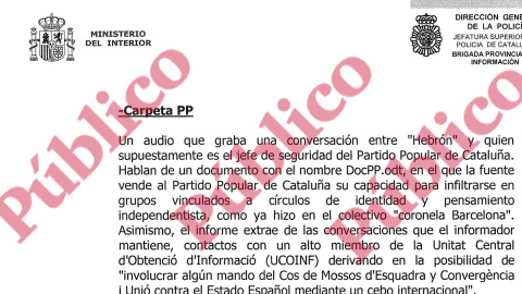 Fragmento de una de las páginas del Libro Primero del Oficio 3022/2017 de la Jefatura Superior de Policía de Cataluña, en el que se describe parte del ocntenido de la "Carpeta PP".