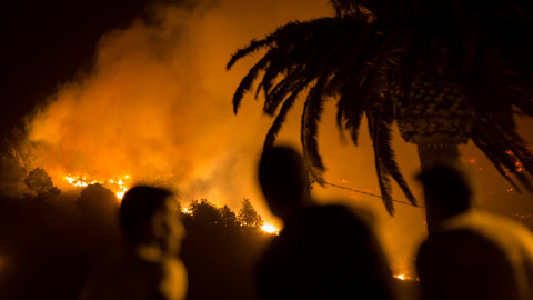 Un grupo de gente contempla como el fuego arde sin control en Las Manchas, en la isla de Palma. REUTERS/Borja Suarez