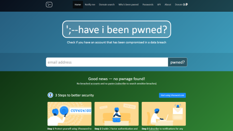 Página web que notifica sobre si el 'email' o contraseña del usuario ha sido 'hackeado'