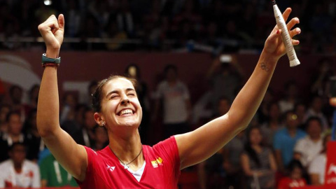 Carolina Marín celebra su triunfo en la final del Mundial de bádminton. - EFE