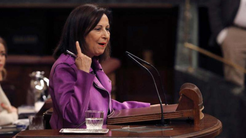 Margarita Robles durante su intervención en el debate sobre pensiones en el Congreso. |  BALLESTEROS (EFE)