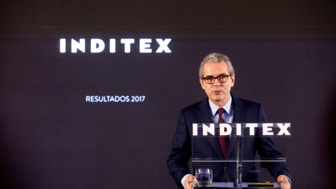 El presidente de Inditex, Pablo Isla, durante la rueda de prensa ofrecida en la sede de la empresa en Arteixo (A Coruña) para presentar los resultados del grupo textil en 2017. EFE/Cabalar