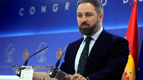 El líder de Vox, Santiago Abascal, durante una rueda de prensa en el Congreso. /EFE