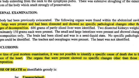 Fragmento de la autopsia británica donde se dio a conocer que su cadáver carecía de corazón y parte del hígado