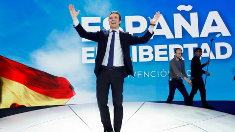 El presidente del PP, Pablo Casado, durante la clausura de la Convención Nacional del Partido Popular que se ha celebrado desde el viernes el Recinto Ferial IFEMA de Madrid. EFE/Chema Moya