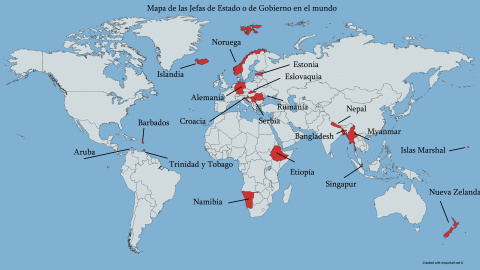 Mapa de Jefas de Estado y de Gobierno en el mundo, excluyendo monarquías