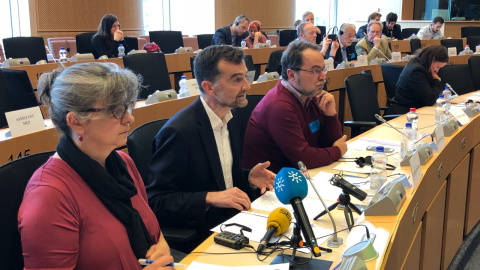 El responsable de Política Institucional de Izquierda Unida HuelvJavier Camacho, El coordinador de IU Andalucía, Antonio Maillo, y la eurodiputada Paloma López, en el Parlamento Europeo.