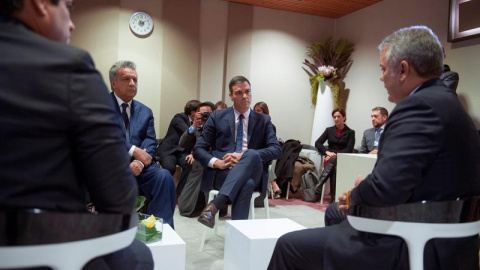 Sánchez, con Lenin Moreno (i), Iván Duque (d) y Carlos Álvaro Quesada, hoy en Davos. EFE/Borja Puig de la Bellacasa