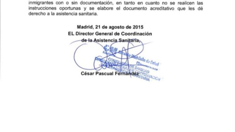 Circular interna de Cristina Cifuentes - sanidad inmigrantes