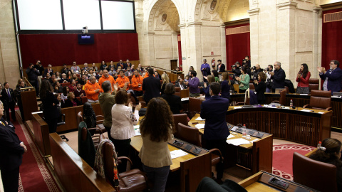 El Pleno de Parlamento puesto en pié aplaude a los compañeros de los bomberos de la ONG Proemaid.