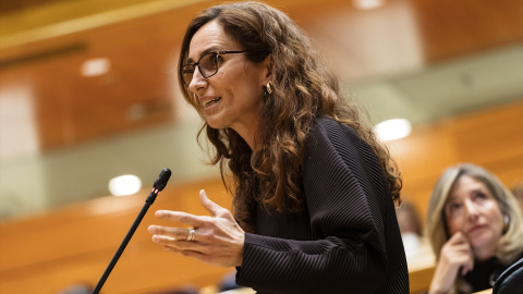 La ministra de Sanidad, Mónica García, interviene durante una sesión plenaria en el Senado, a 20 de febrero de 2024, en Madrid (España).