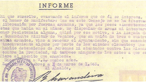 Informe donde el alcalde franquista de Santiso d'Abres asegura que "no hubo detenciones de personas ni atentados contra las mismas". / P.A.