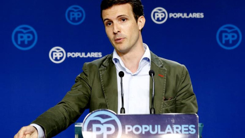 El vicesecretario general de Comunicación del PP, Pablo Casado, en una reciente rueda de prensa. EFE