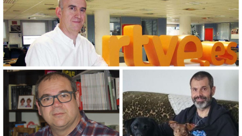 Los miembros del Consejo de Informativos de Medios Interactivos de RTVE que dimitieron tras la cobertura de los Goya de Inés Hernand. Alejandro Vega (arriba), Santiago Riesco (Izquierda) y Óscar López Canencia (derecha).