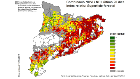 El mapa del Servei de Prevenció d’Incendis Forestals mitjançant satèl·lit (VIIRS)