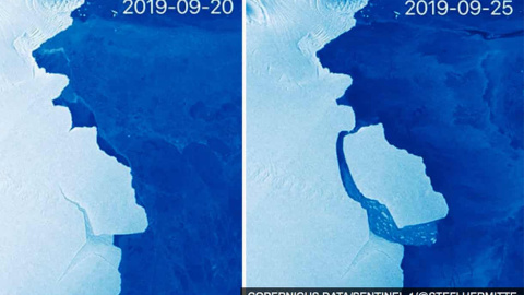 El gran iceberg de más de 1.600 kilómetros cuadrados y que contiene 315 gigatoneladas de hielo que se ha separado de la plataforma de hielo Amery de la Antártida Oriental.